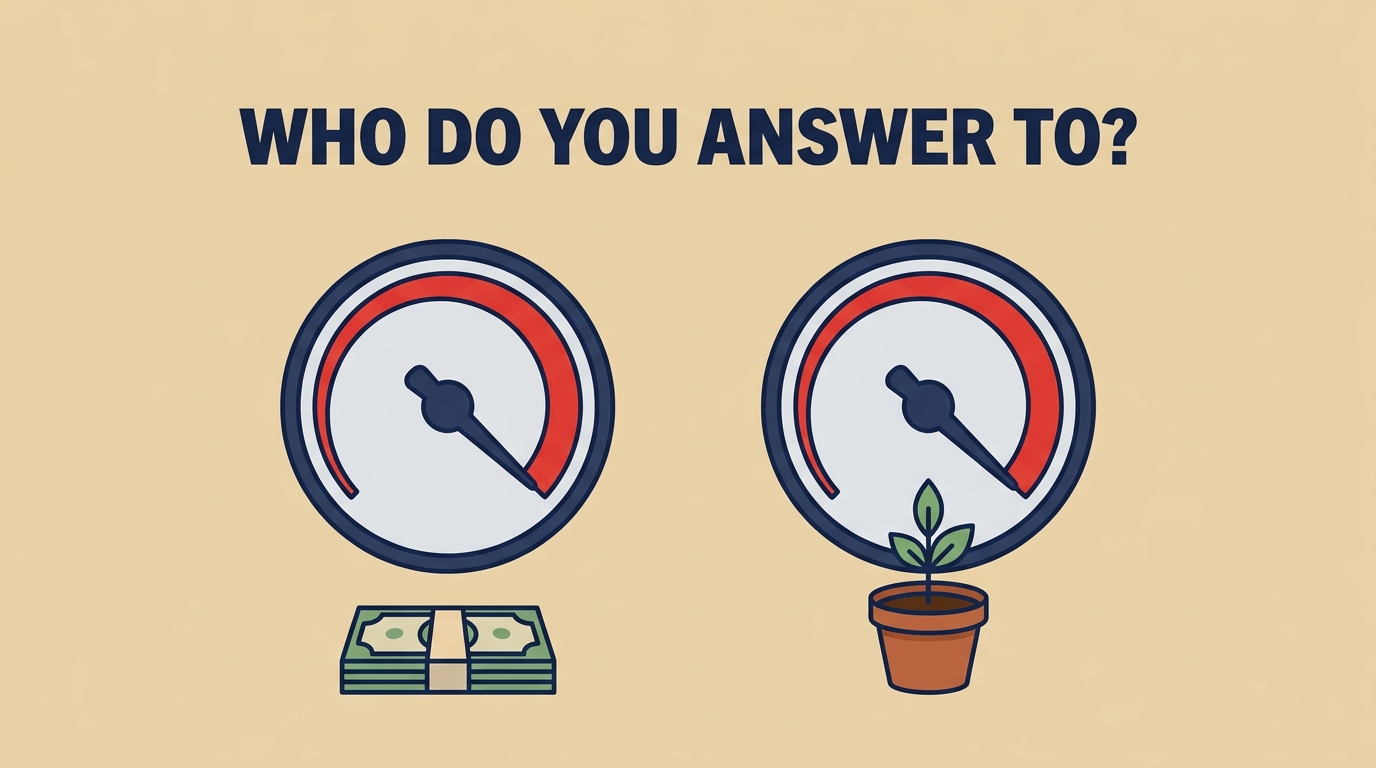 Two pressure gauges in the red over cash and a seedling, headline "Who do you answer to?"