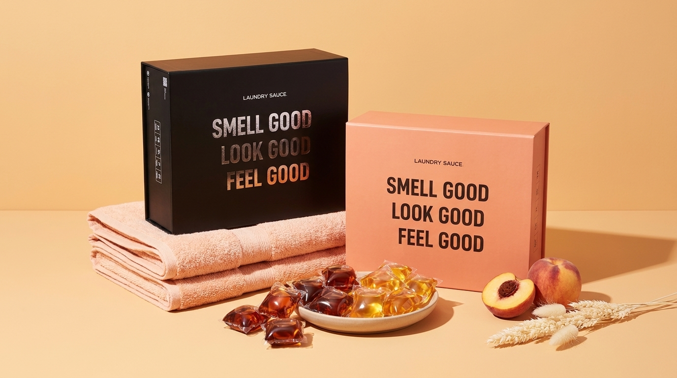 Laundry Sauce boxes and a dish of detergent pods on peach towels with fresh peaches