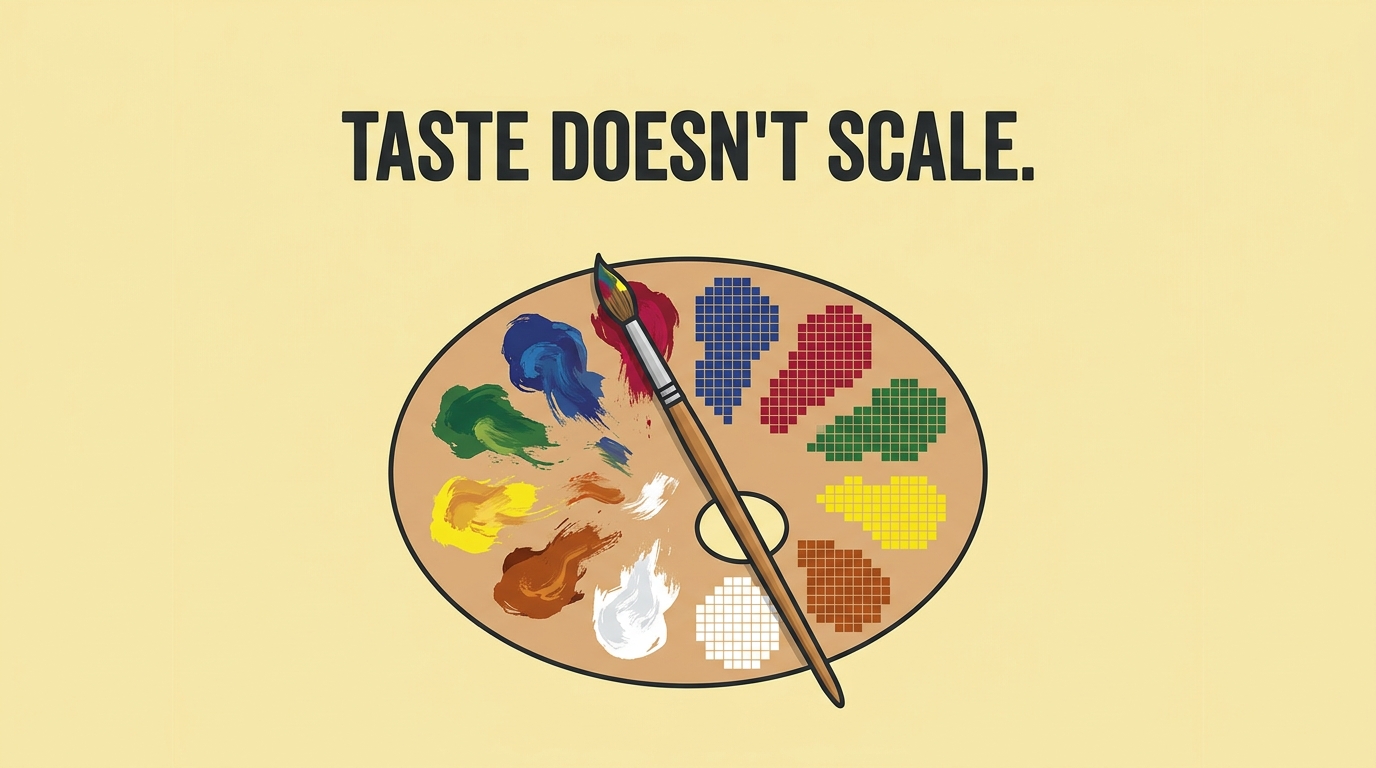 Illustration of a paint palette, half hand-mixed and half pixelated, headline "Taste doesn't scale."