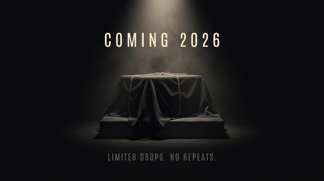 Teaser poster of a covered product box under a spotlight, "Coming 2026. Limited drops. No repeats."