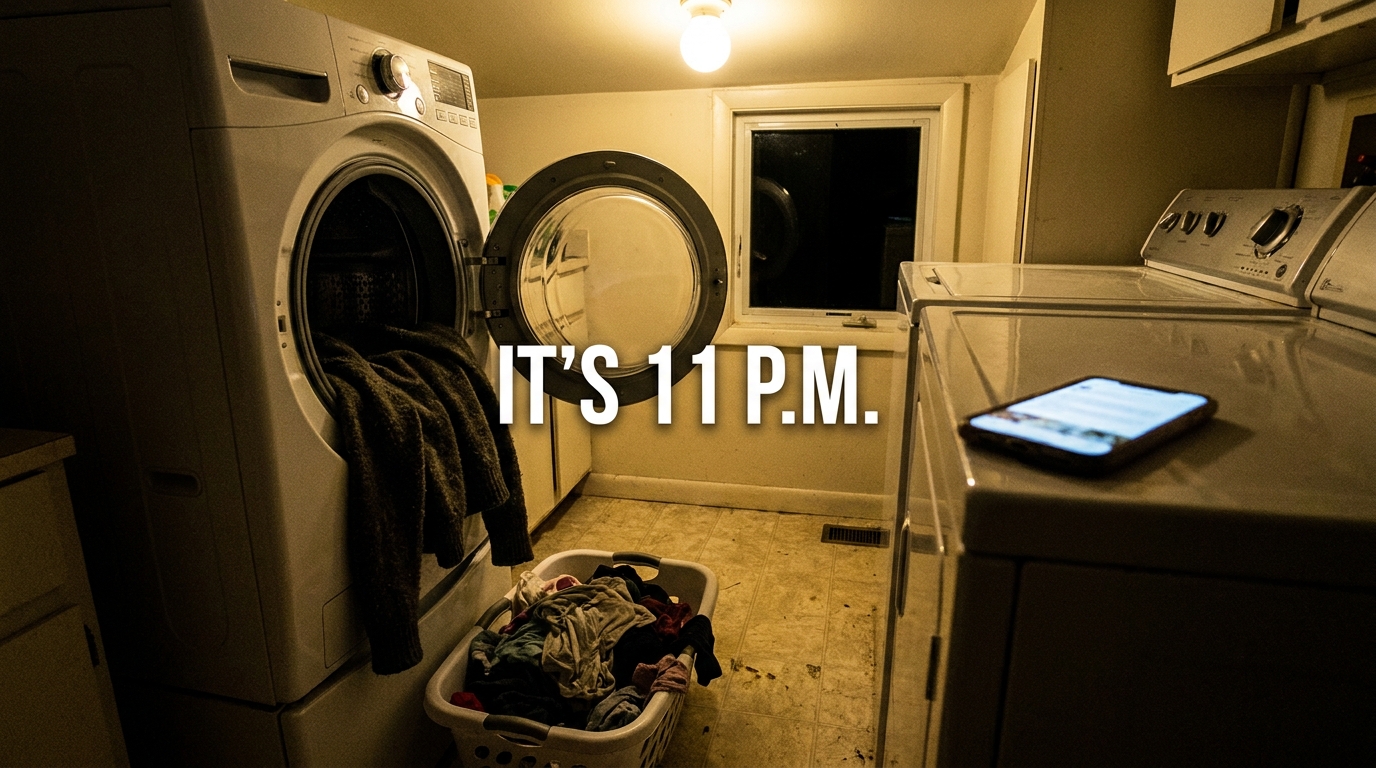 Home laundry room late at night with an open washer and a shrunken sweater, headline "It's 11 P.M."