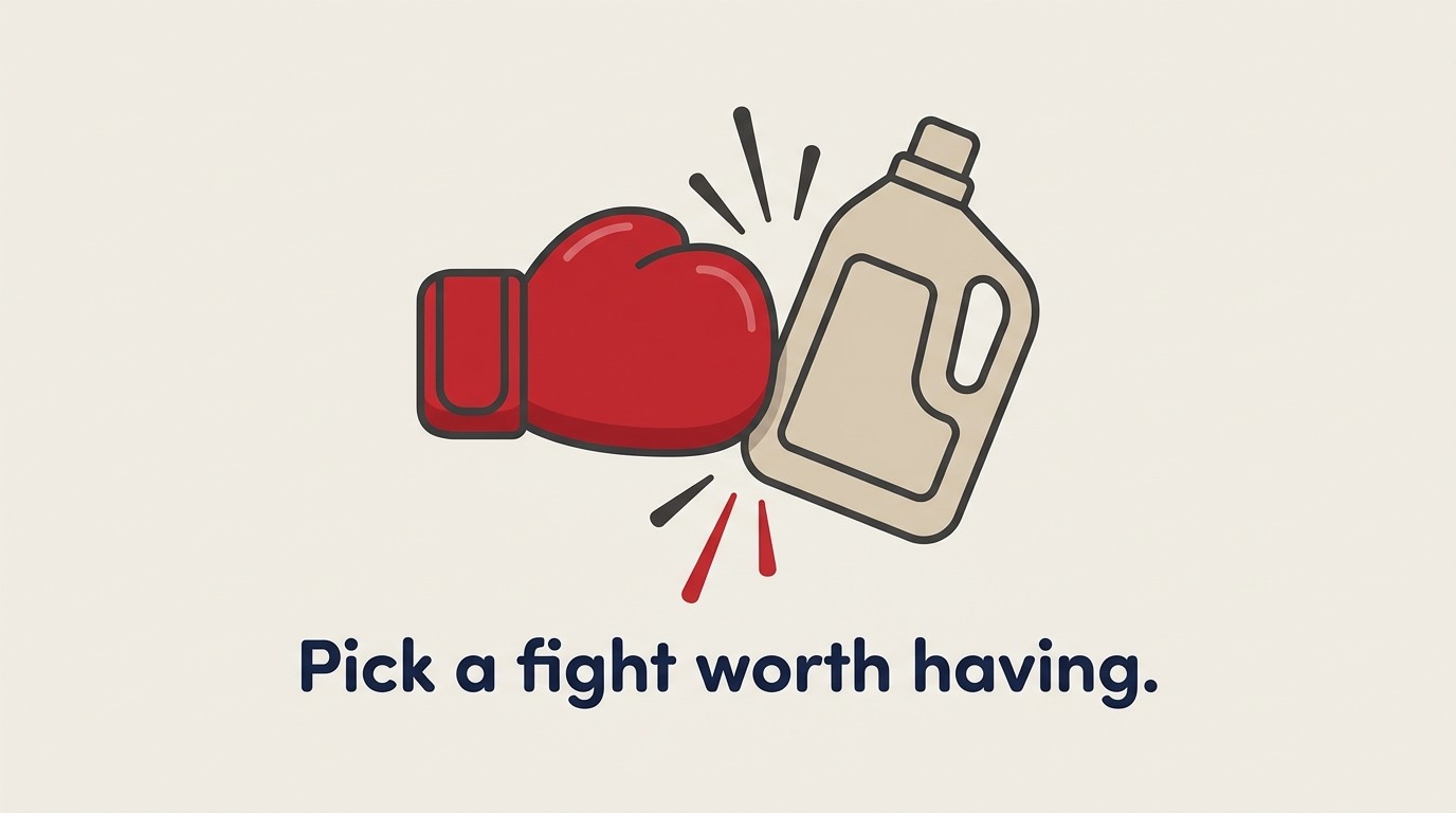 Illustration of a red boxing glove knocking over a generic detergent jug: "Pick a fight worth having."