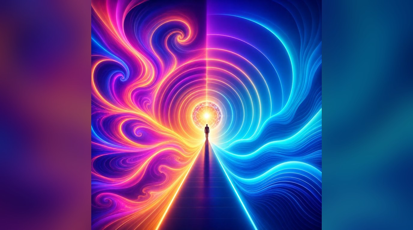 Neon tunnel of light with a lone figure walking toward the center