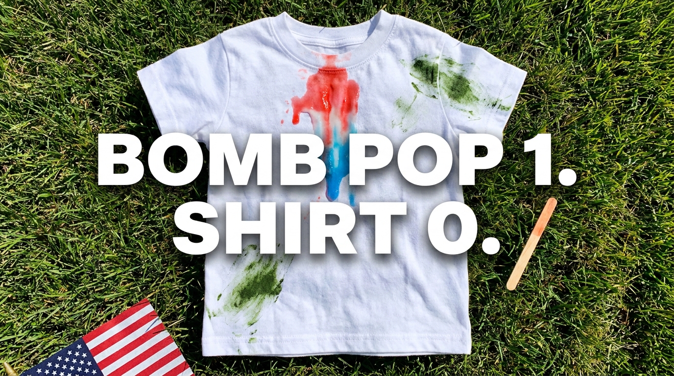 Child's t-shirt on the grass with ice-pop and grass stains, headline "Bomb pop 1. Shirt 0."