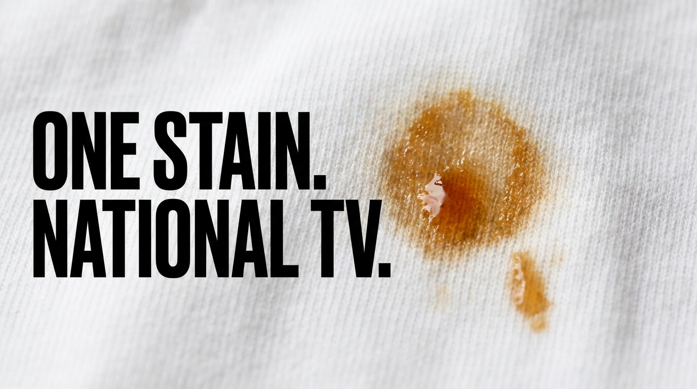 Close-up of a grease stain on a white t-shirt, headline "One stain. National TV."