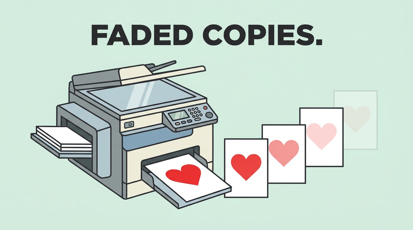 Illustration of a photocopier printing heart copies that fade with each sheet, headline "Faded copies."