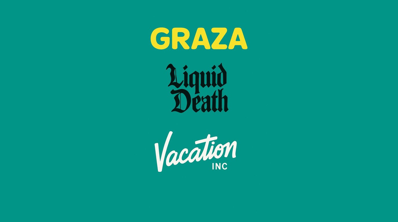 Graza, Liquid Death and Vacation logos stacked on a teal background