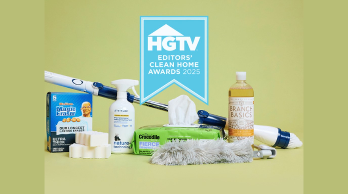 HGTV Editors' Clean Home Awards 2025 badge over a lineup of cleaning products