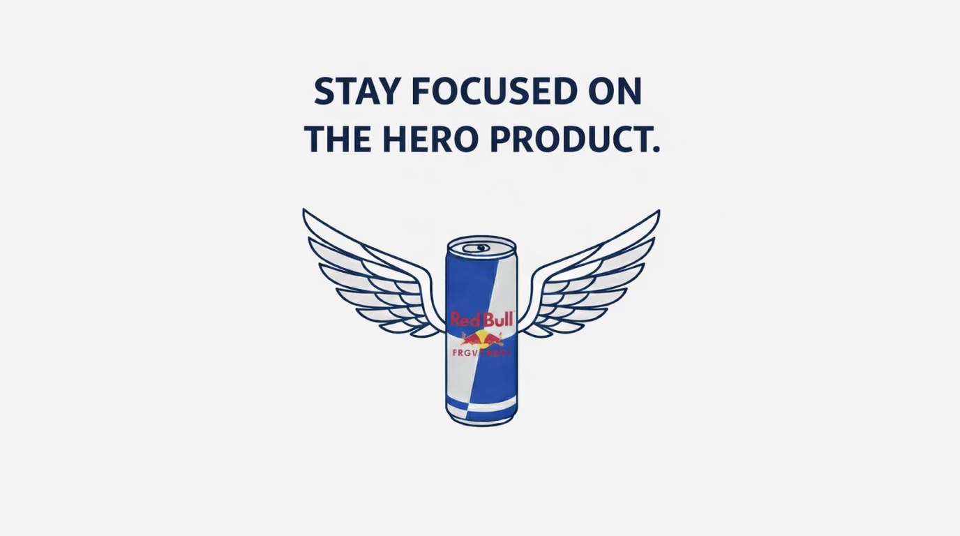 Red Bull can with wings: "Stay focused on the hero product."