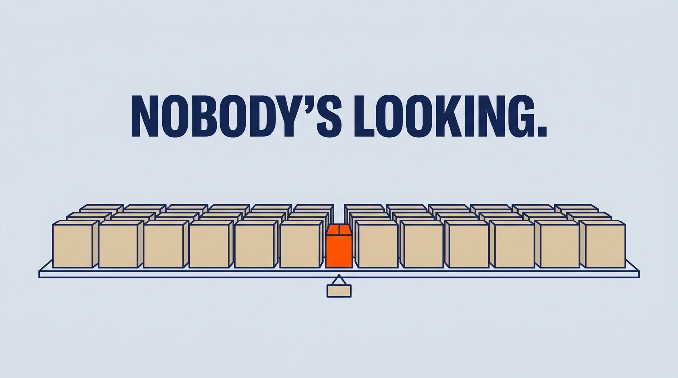 Illustration of a crowded store shelf with one small orange box, headline "Nobody's looking."